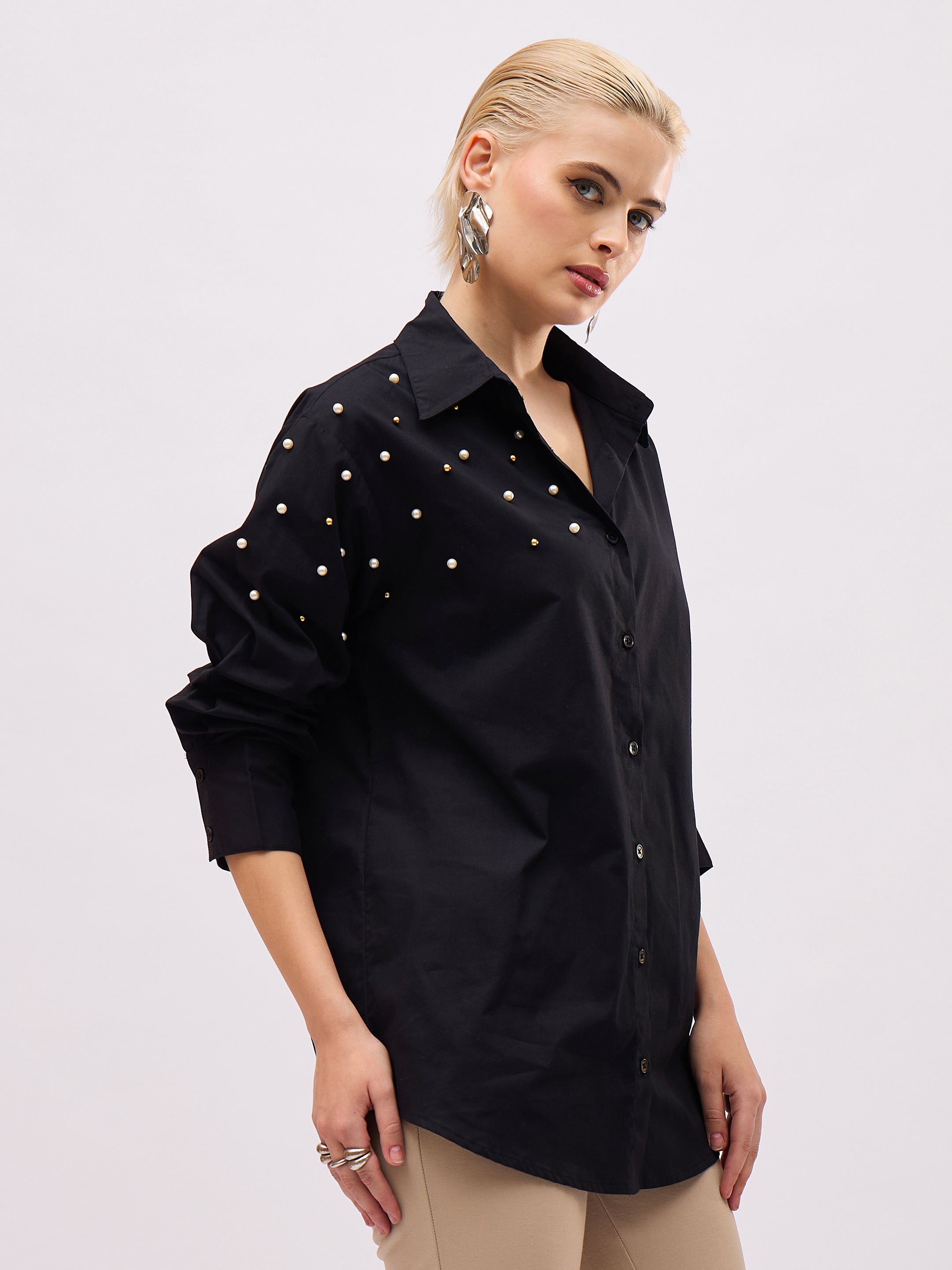 Women Black Pearl Studded Regular Shirt-SFSHRT20723