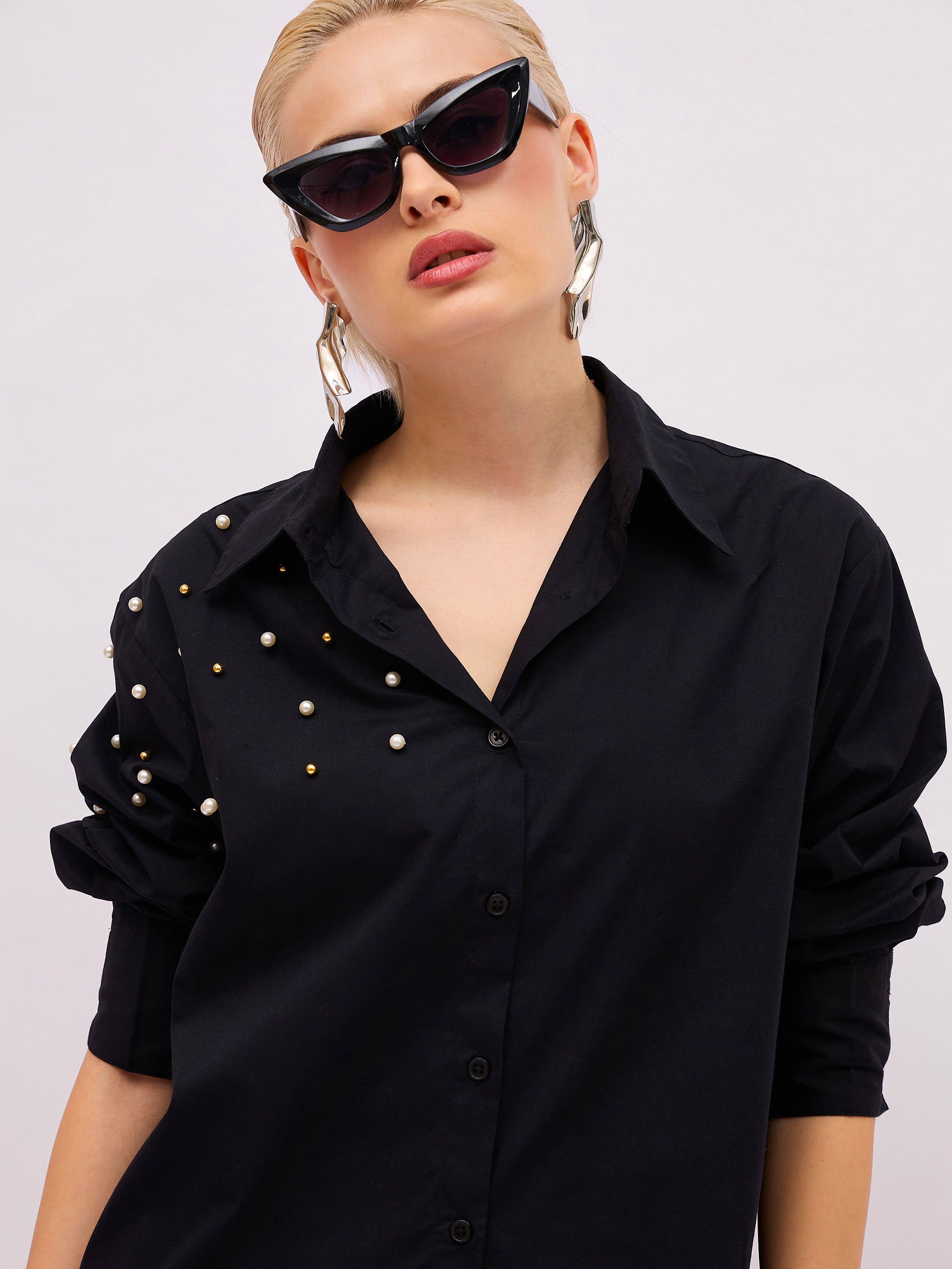 Women Black Pearl Studded Regular Shirt-SFSHRT20723