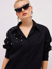Women Black Pearl Studded Regular Shirt-SFSHRT20723