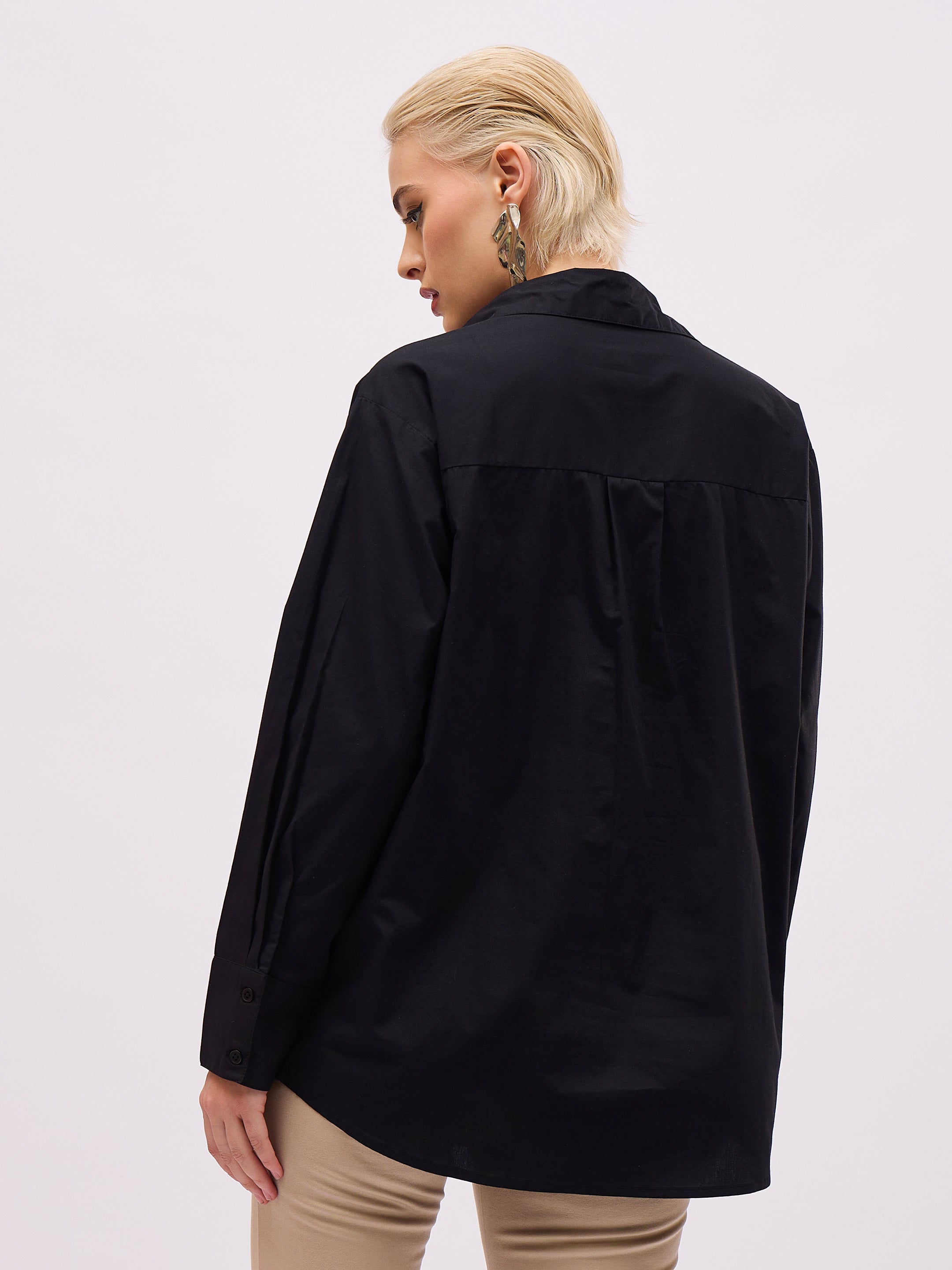 Women Black Pearl Studded Regular Shirt-SFSHRT20723