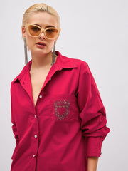 Women Fuchsia Pocket Rhinestone Embellished Regular Shirt-SFSHRT20724