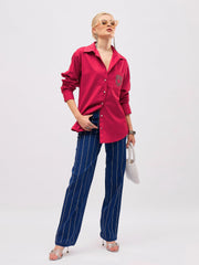Women Fuchsia Pocket Rhinestone Embellished Regular Shirt-SFSHRT20724