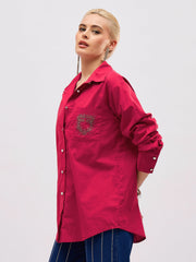 Women Fuchsia Pocket Rhinestone Embellished Regular Shirt-SFSHRT20724