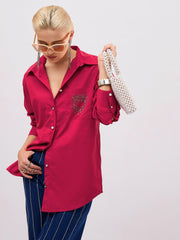 Women Fuchsia Pocket Rhinestone Embellished Regular Shirt-SFSHRT20724