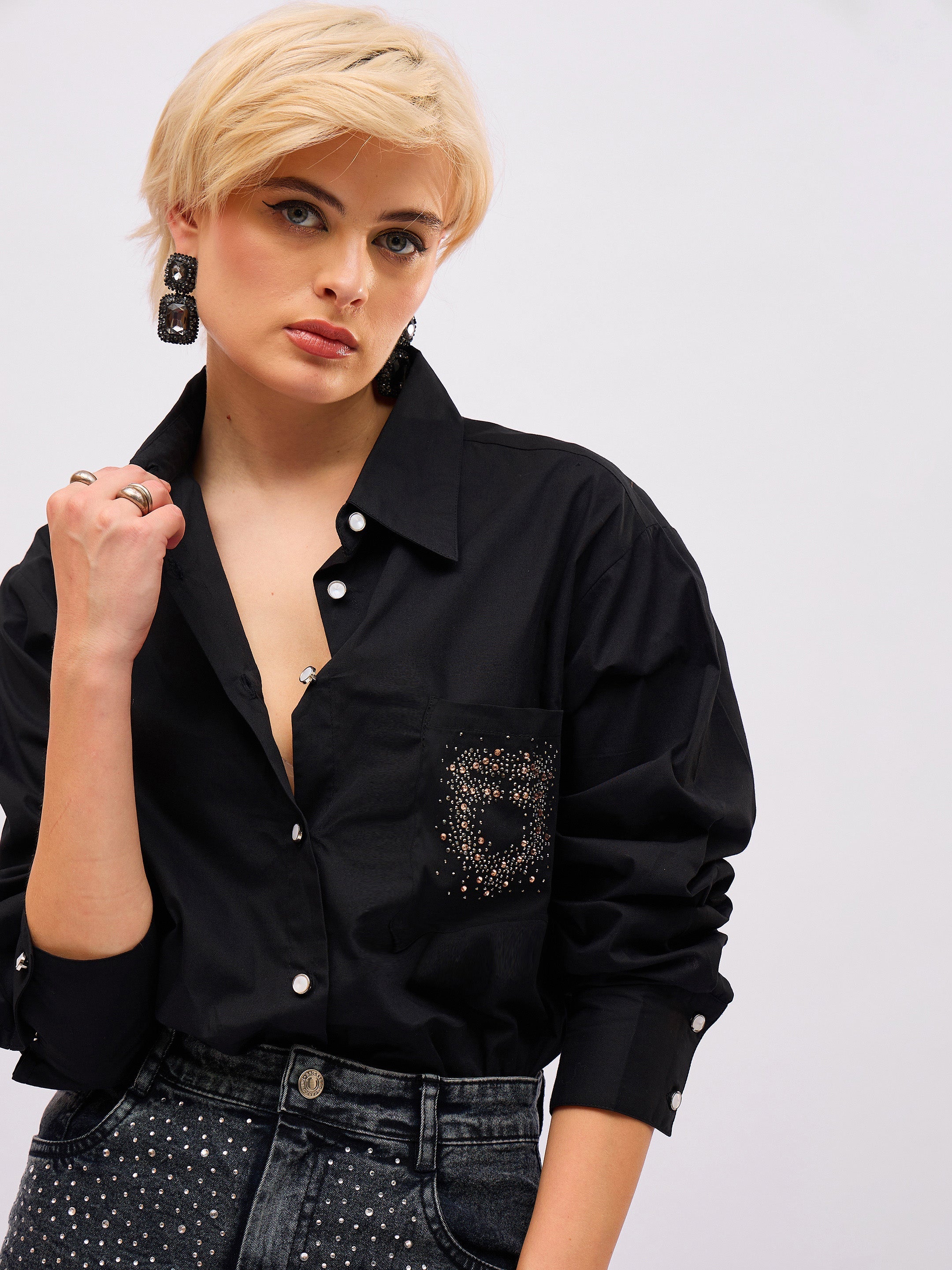 Women Black Pocket Rhinestone Embellished Regular Shirt-SFSHRT20725