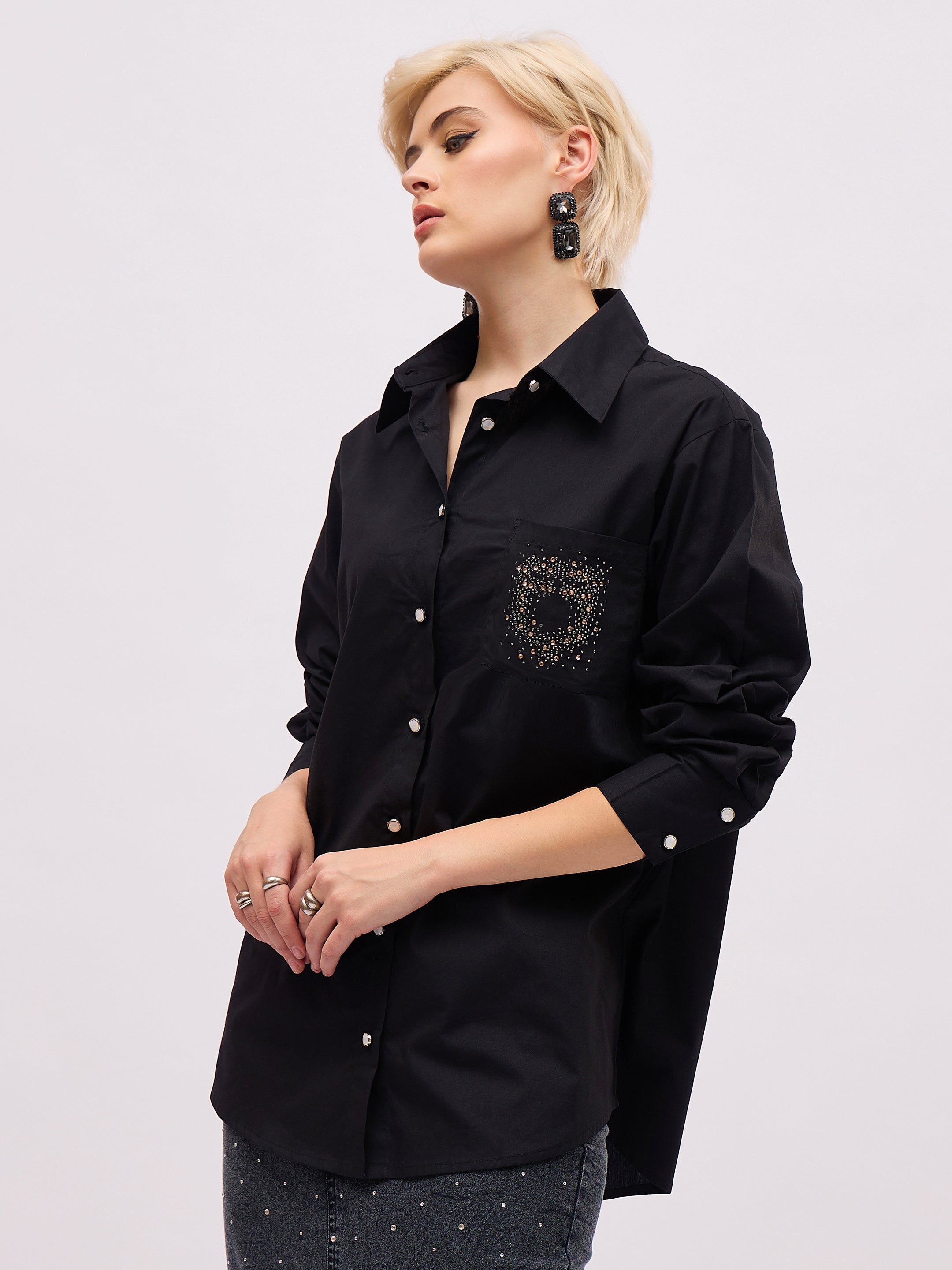 Women Black Pocket Rhinestone Embellished Regular Shirt-SFSHRT20725