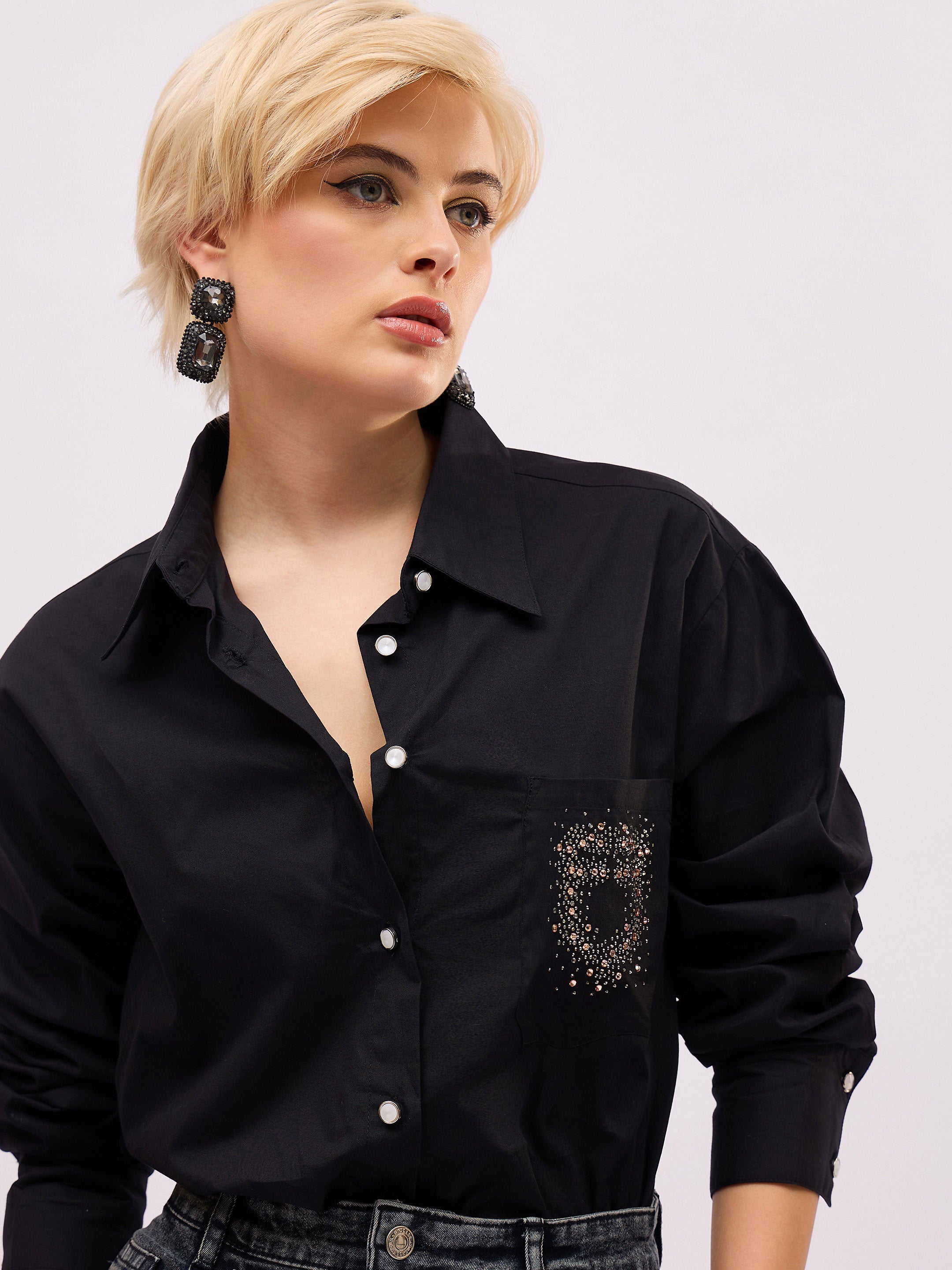 Women Black Pocket Rhinestone Embellished Regular Shirt-SFSHRT20725