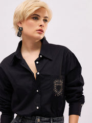 Women Black Pocket Rhinestone Embellished Regular Shirt-SFSHRT20725