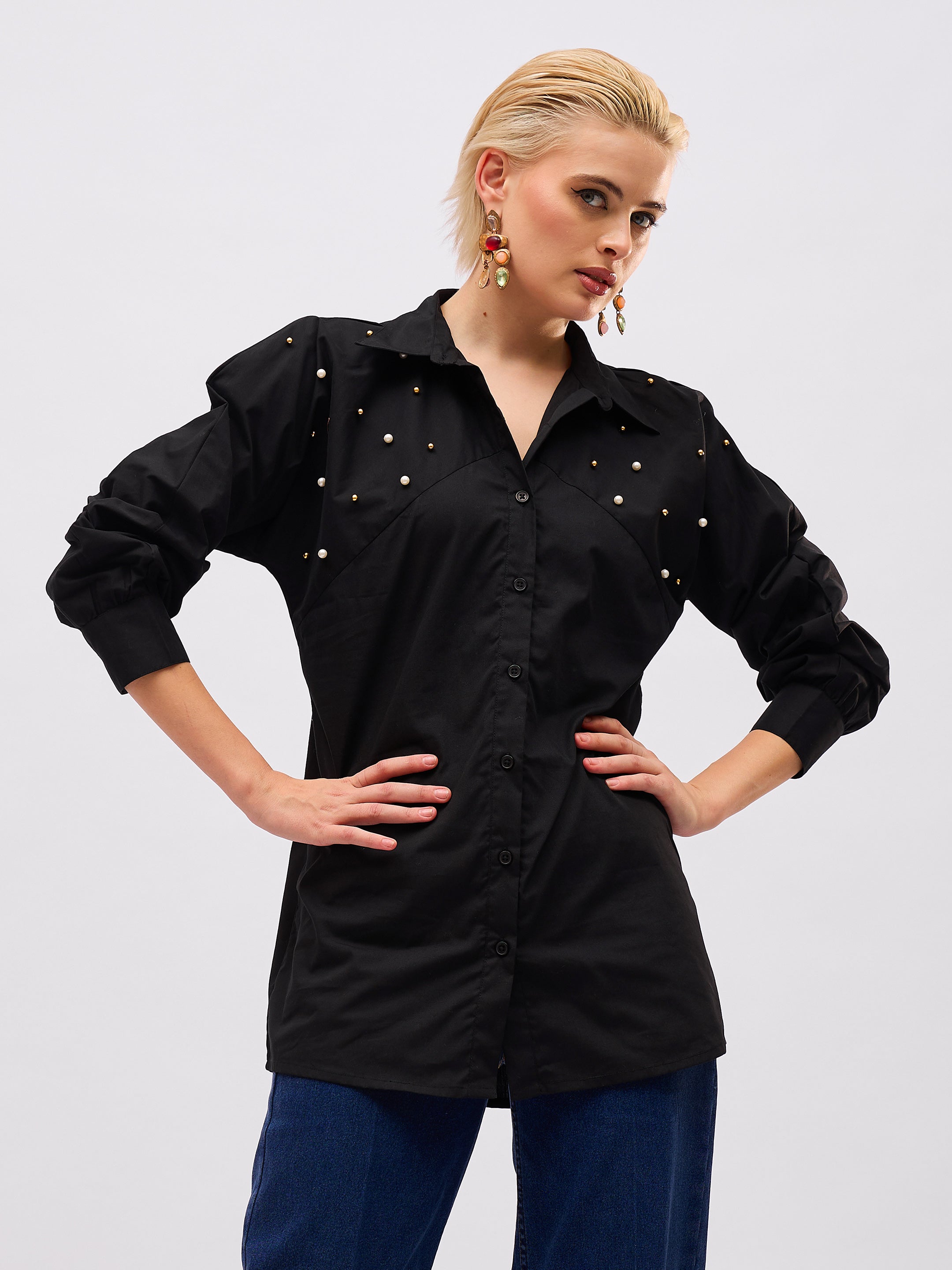 Women Black Raglan Sleeve Pearl Studded Regular Shirt-SFSHRT20726