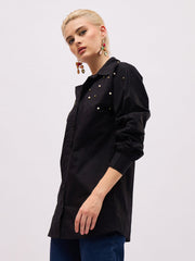 Women Black Raglan Sleeve Pearl Studded Regular Shirt-SFSHRT20726