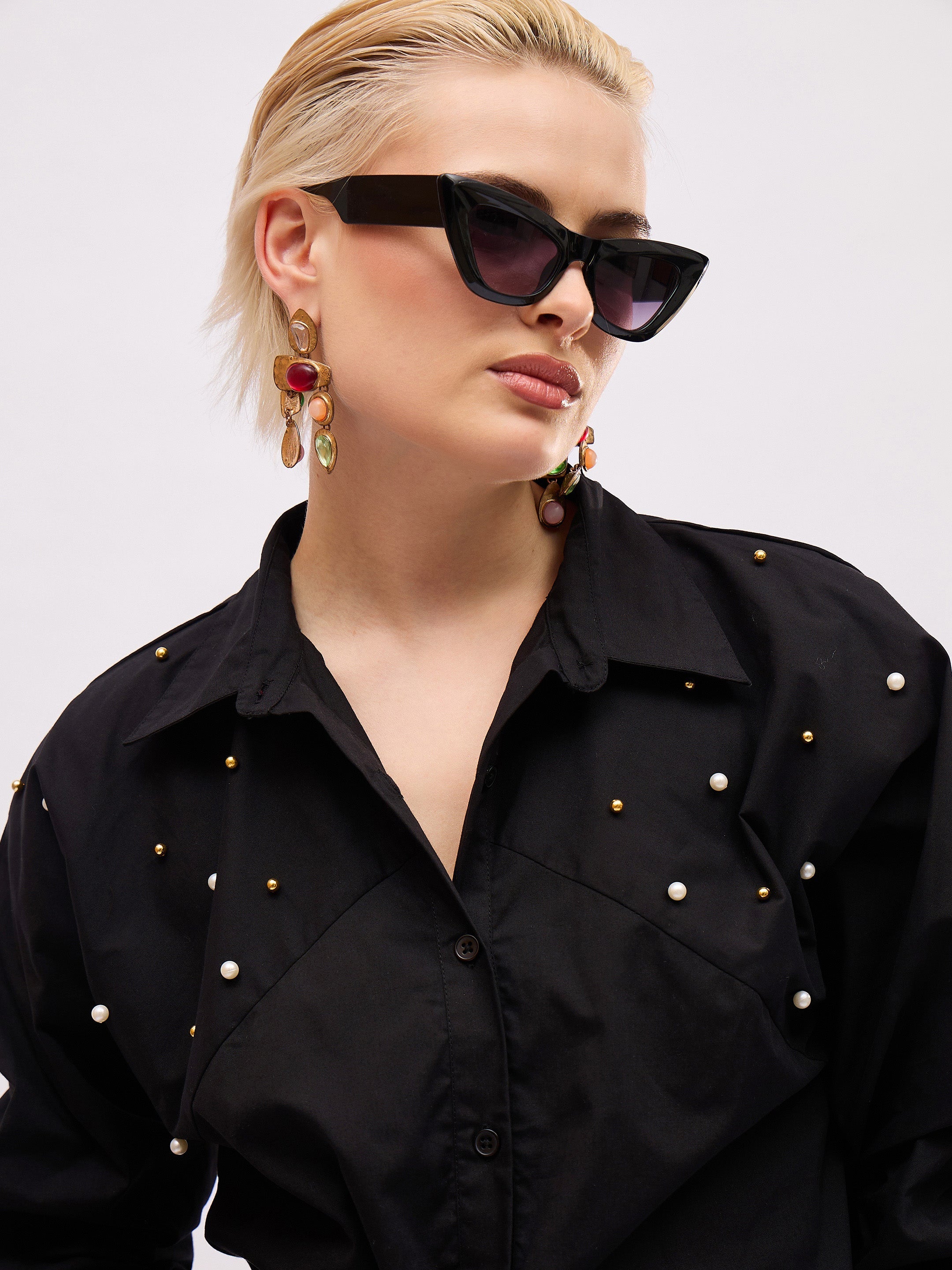 Women Black Raglan Sleeve Pearl Studded Regular Shirt-SFSHRT20726