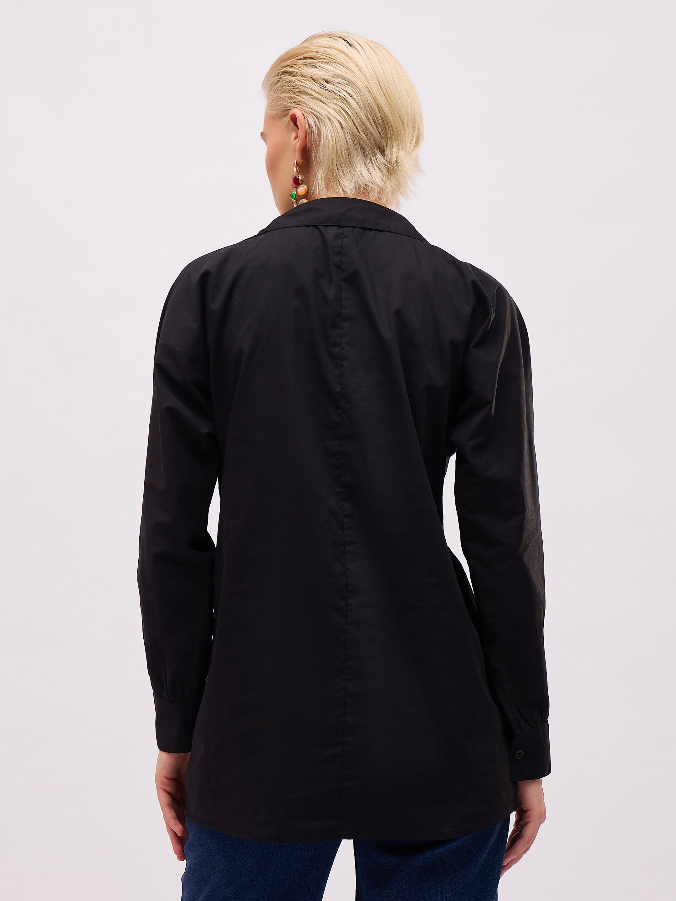 Women Black Raglan Sleeve Pearl Studded Regular Shirt-SFSHRT20726