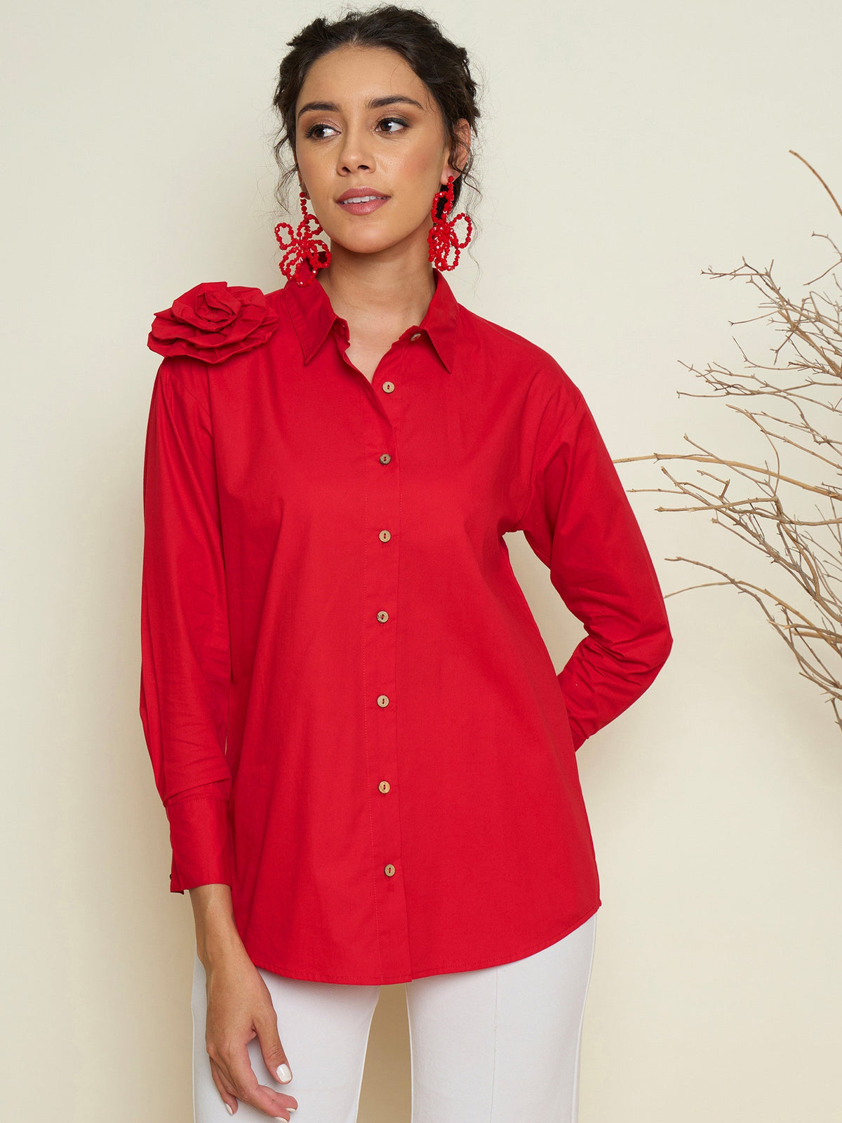 Women Red Poplin Shoulder Corsage Regular Shirt-SFSHRT20729