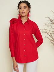 Women Red Poplin Shoulder Corsage Regular Shirt-SFSHRT20729