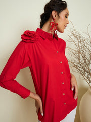 Women Red Poplin Shoulder Corsage Regular Shirt-SFSHRT20729