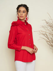 Women Red Poplin Shoulder Corsage Regular Shirt-SFSHRT20729