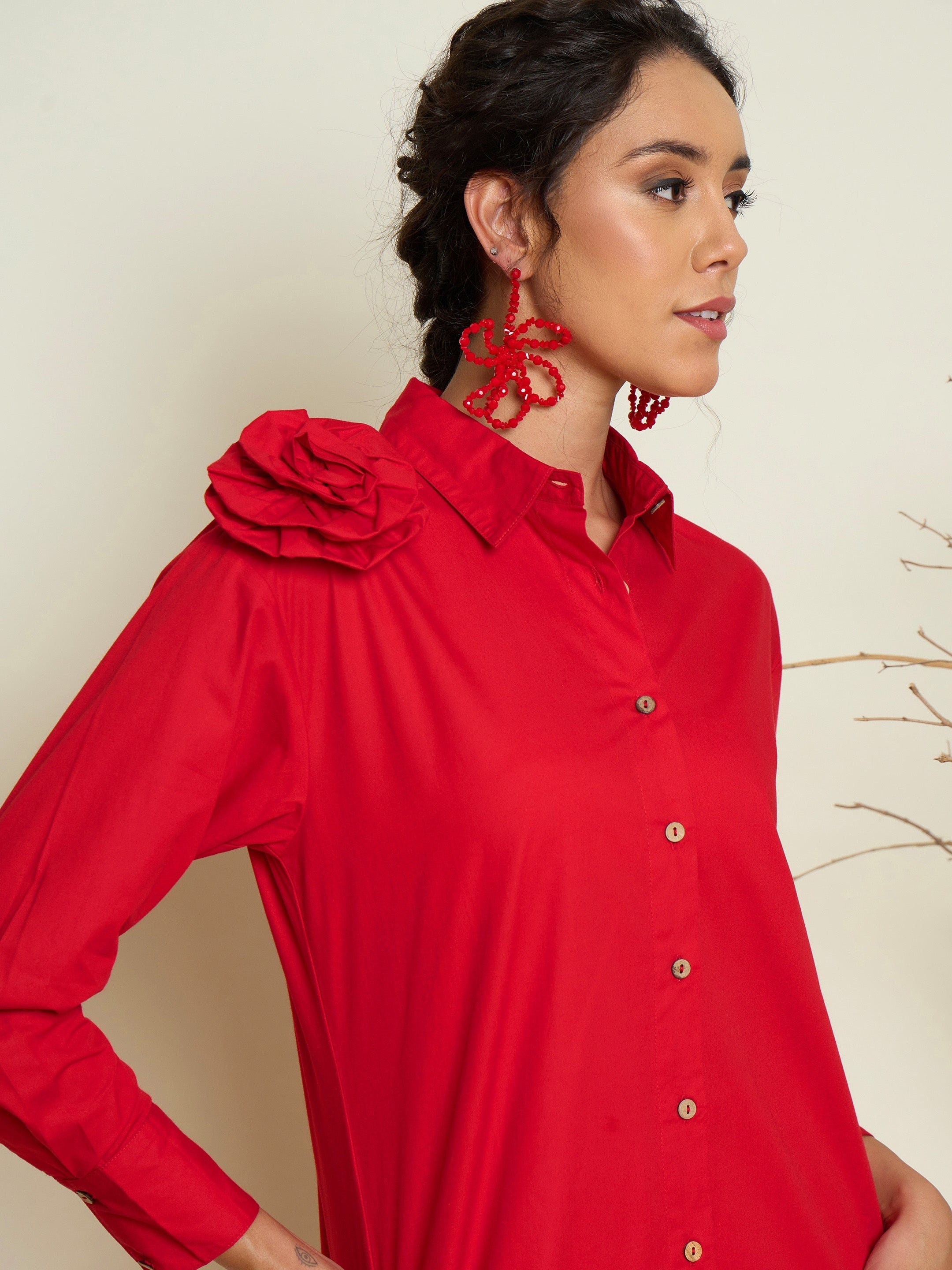 Women Red Poplin Shoulder Corsage Regular Shirt-SFSHRT20729