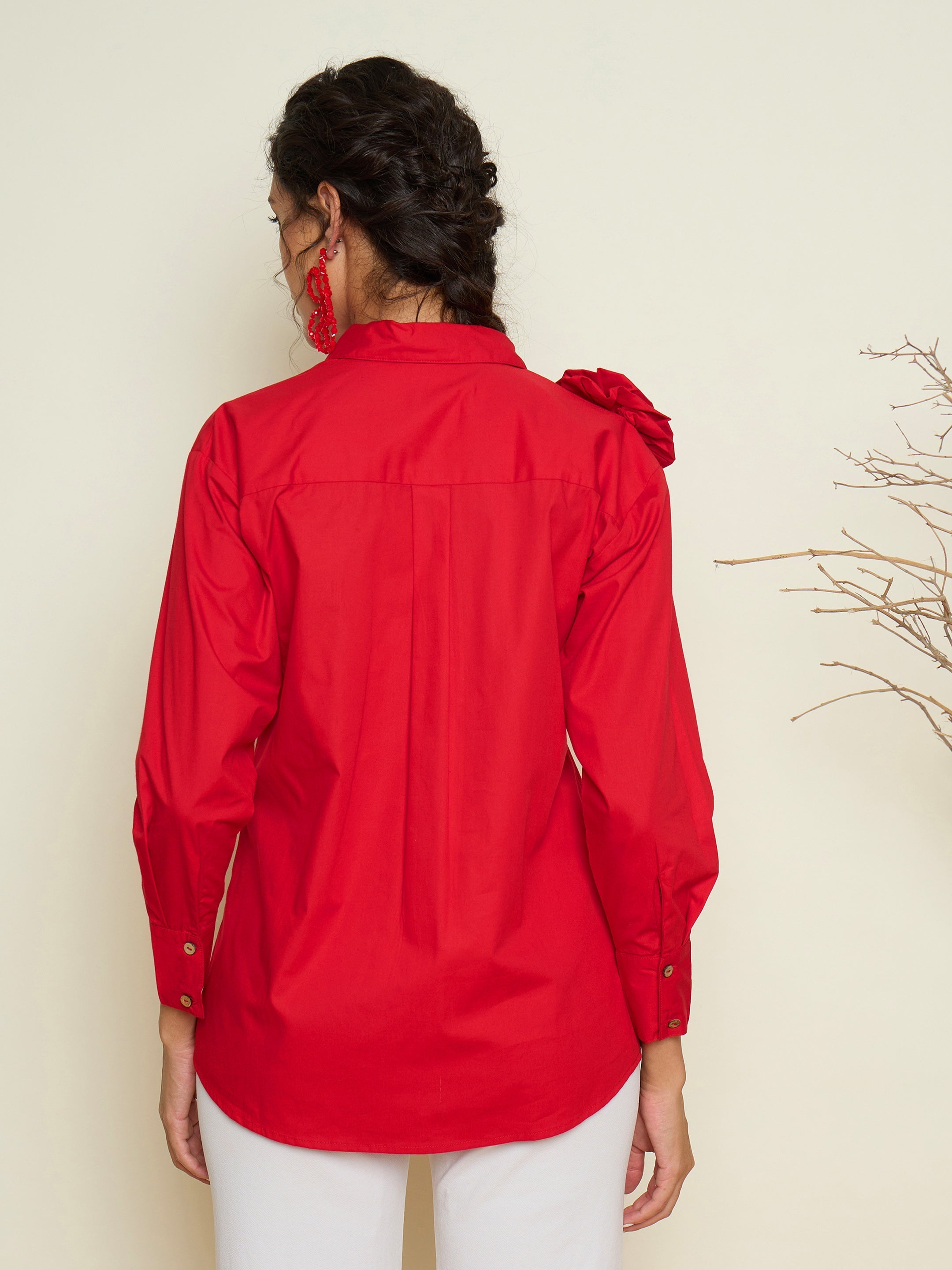 Women Red Poplin Shoulder Corsage Regular Shirt-SFSHRT20729