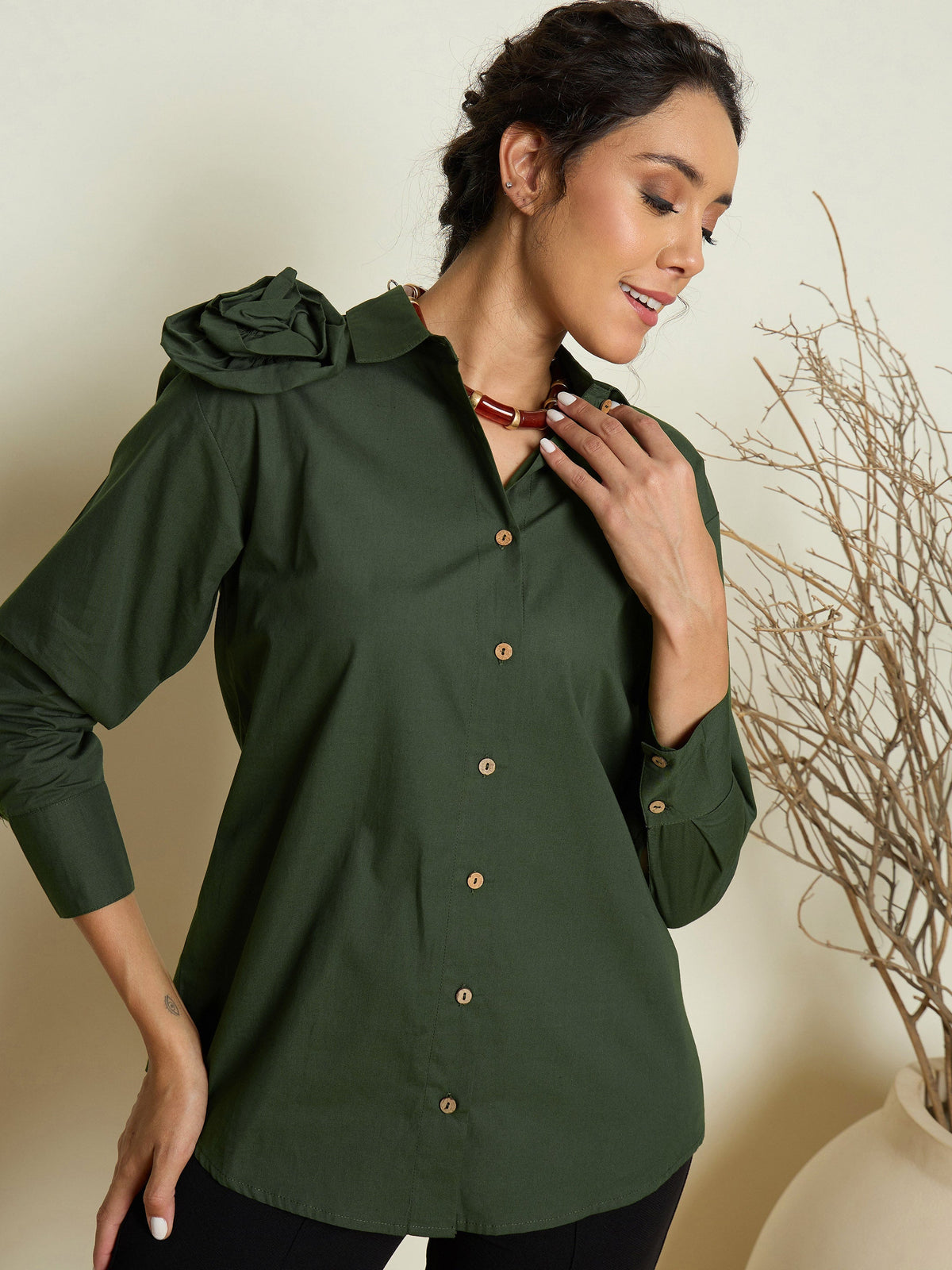 Women Olive Poplin Shoulder Corsage Regular Shirt-SFSHRT20730