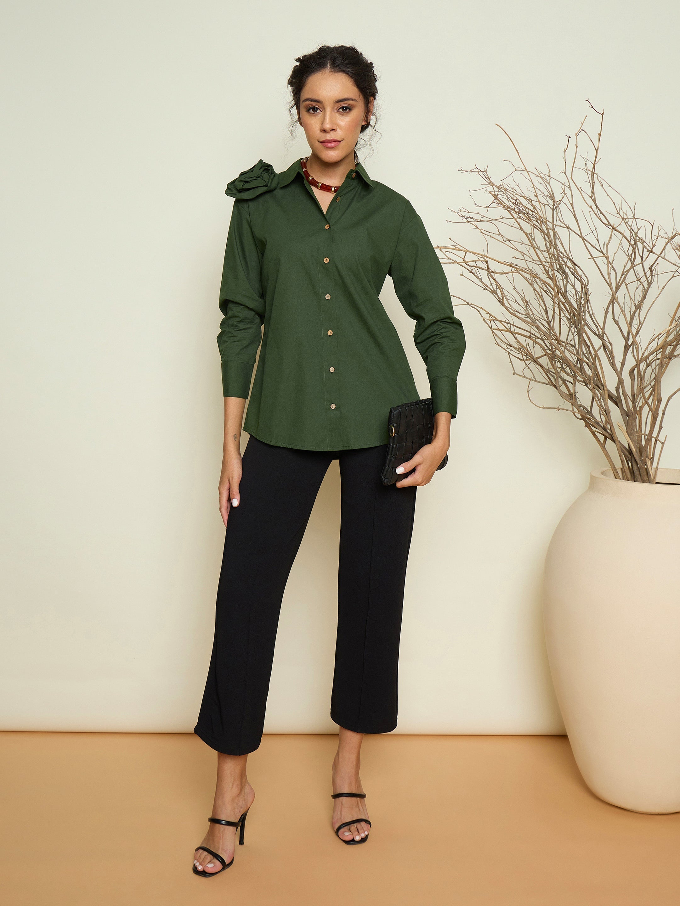 Women Olive Poplin Shoulder Corsage Regular Shirt-SFSHRT20730