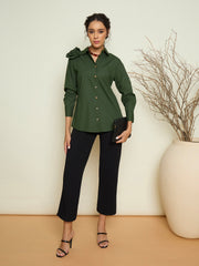 Women Olive Poplin Shoulder Corsage Regular Shirt-SFSHRT20730
