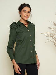 Women Olive Poplin Shoulder Corsage Regular Shirt-SFSHRT20730