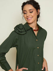 Women Olive Poplin Shoulder Corsage Regular Shirt-SFSHRT20730