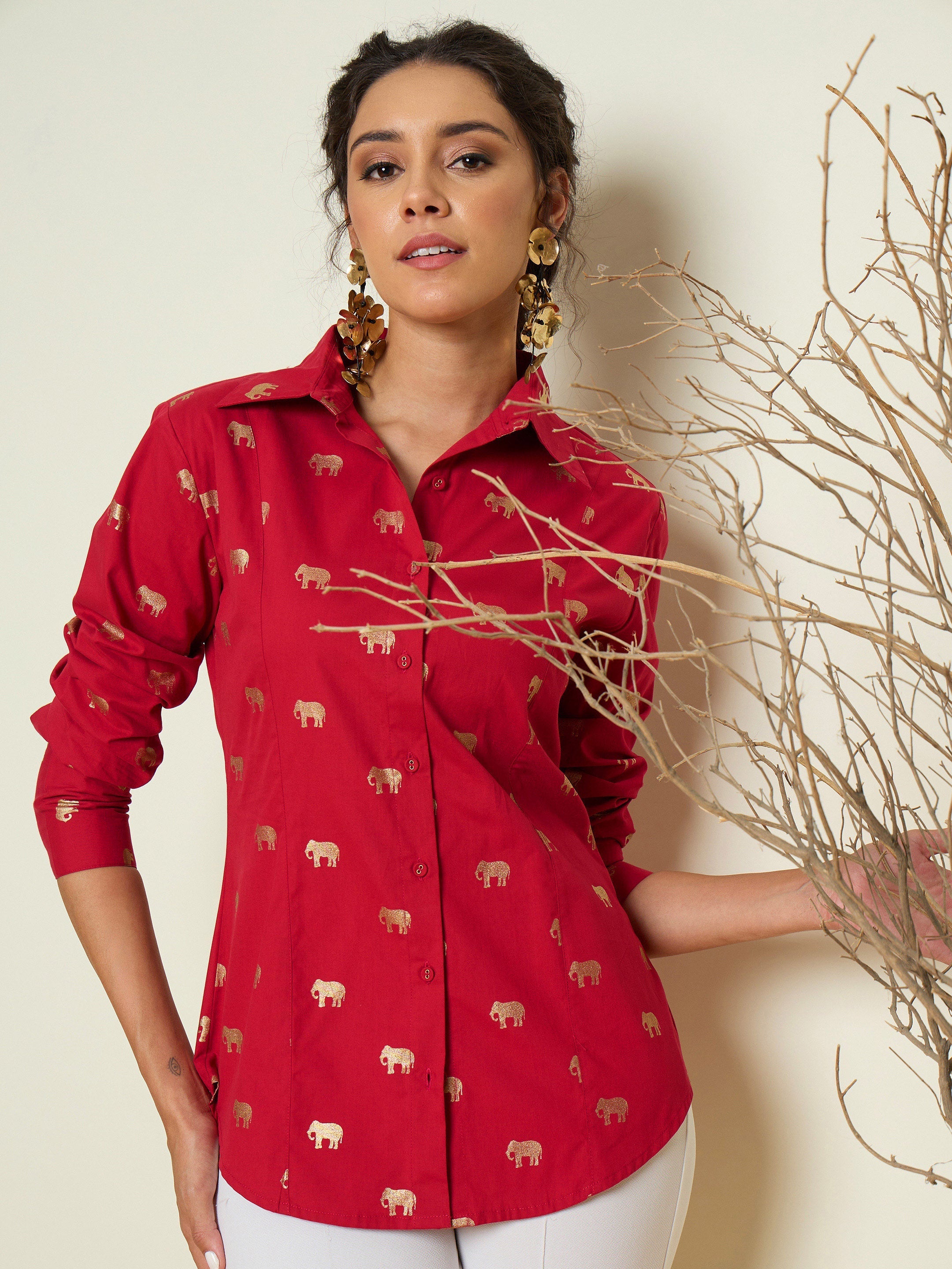 Women Fuchsia Foil Print Shoulder Padded Slim Fit Poplin Shirt-SFSHRT20731