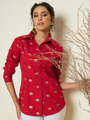 Women Fuchsia Foil Print Shoulder Padded Slim Fit Poplin Shirt-SFSHRT20731