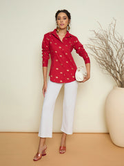 Women Fuchsia Foil Print Shoulder Padded Slim Fit Poplin Shirt-SFSHRT20731