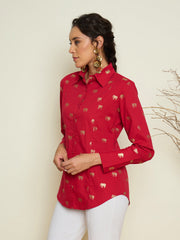 Women Fuchsia Foil Print Shoulder Padded Slim Fit Poplin Shirt-SFSHRT20731