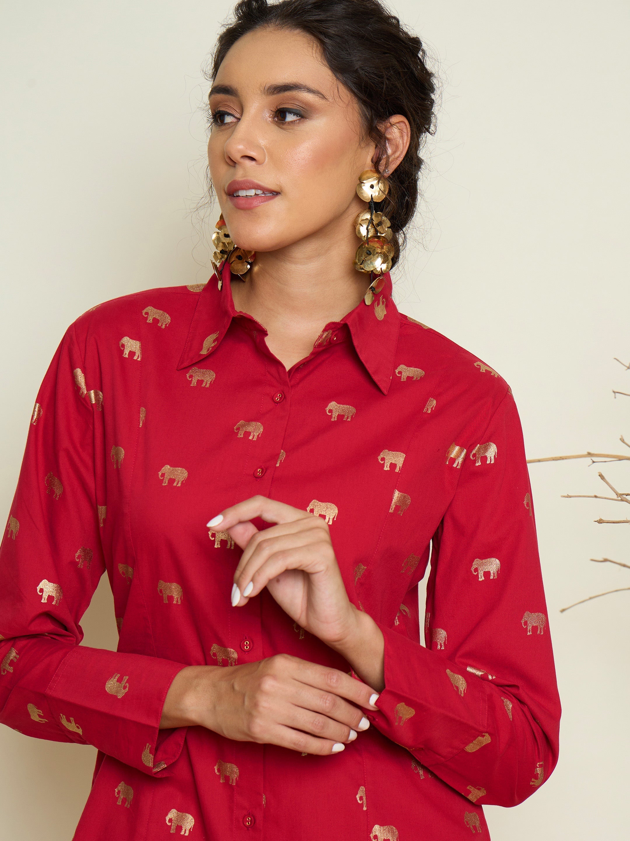 Women Fuchsia Foil Print Shoulder Padded Slim Fit Poplin Shirt-SFSHRT20731
