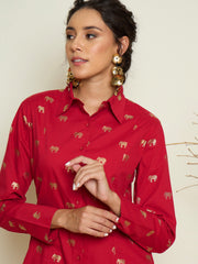Women Fuchsia Foil Print Shoulder Padded Slim Fit Poplin Shirt-SFSHRT20731