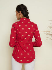 Women Fuchsia Foil Print Shoulder Padded Slim Fit Poplin Shirt-SFSHRT20731