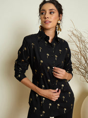 Women Black Foil Print Shoulder Padded Slim Fit Poplin Shirt-SFSHRT20732