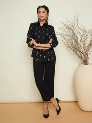 Women Black Foil Print Shoulder Padded Slim Fit Poplin Shirt-SFSHRT20732