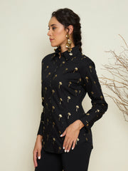 Women Black Foil Print Shoulder Padded Slim Fit Poplin Shirt-SFSHRT20732