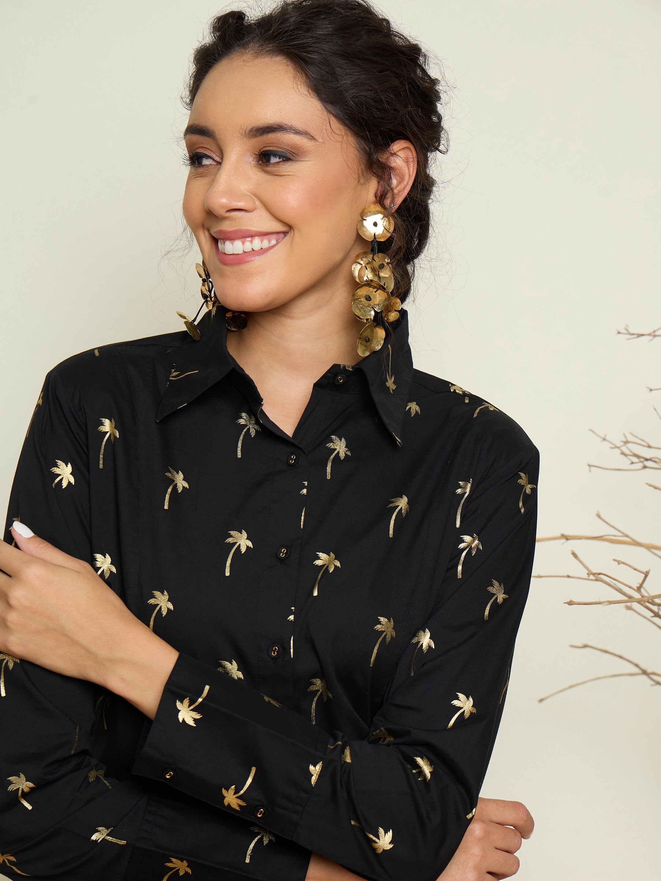 Women Black Foil Print Shoulder Padded Slim Fit Poplin Shirt-SFSHRT20732