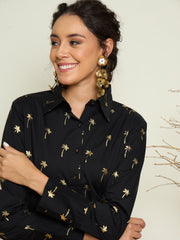 Women Black Foil Print Shoulder Padded Slim Fit Poplin Shirt-SFSHRT20732