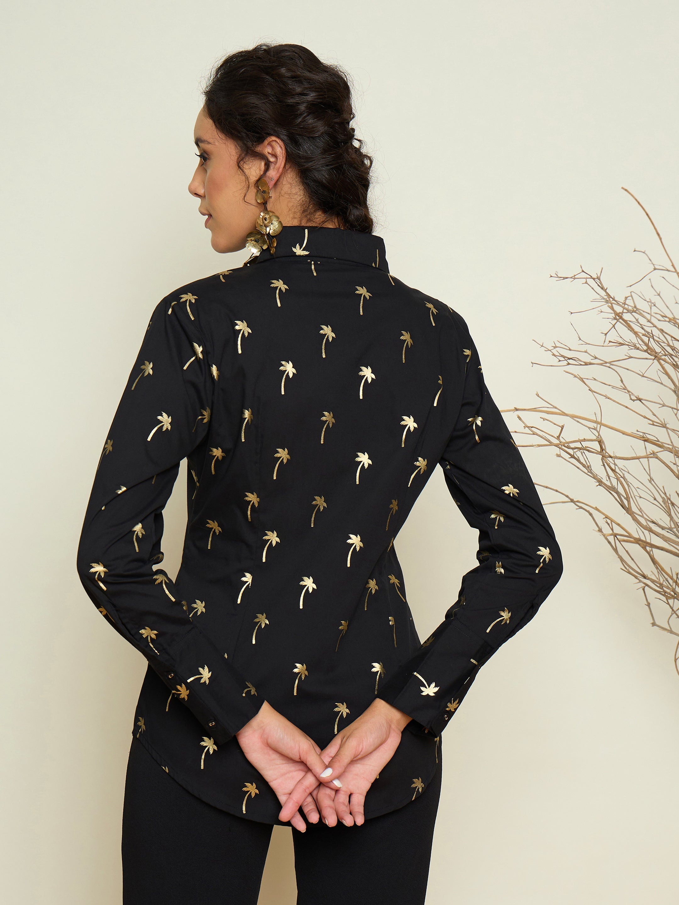 Women Black Foil Print Shoulder Padded Slim Fit Poplin Shirt-SFSHRT20732
