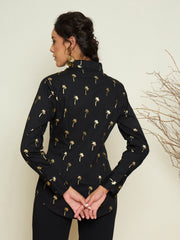 Women Black Foil Print Shoulder Padded Slim Fit Poplin Shirt-SFSHRT20732