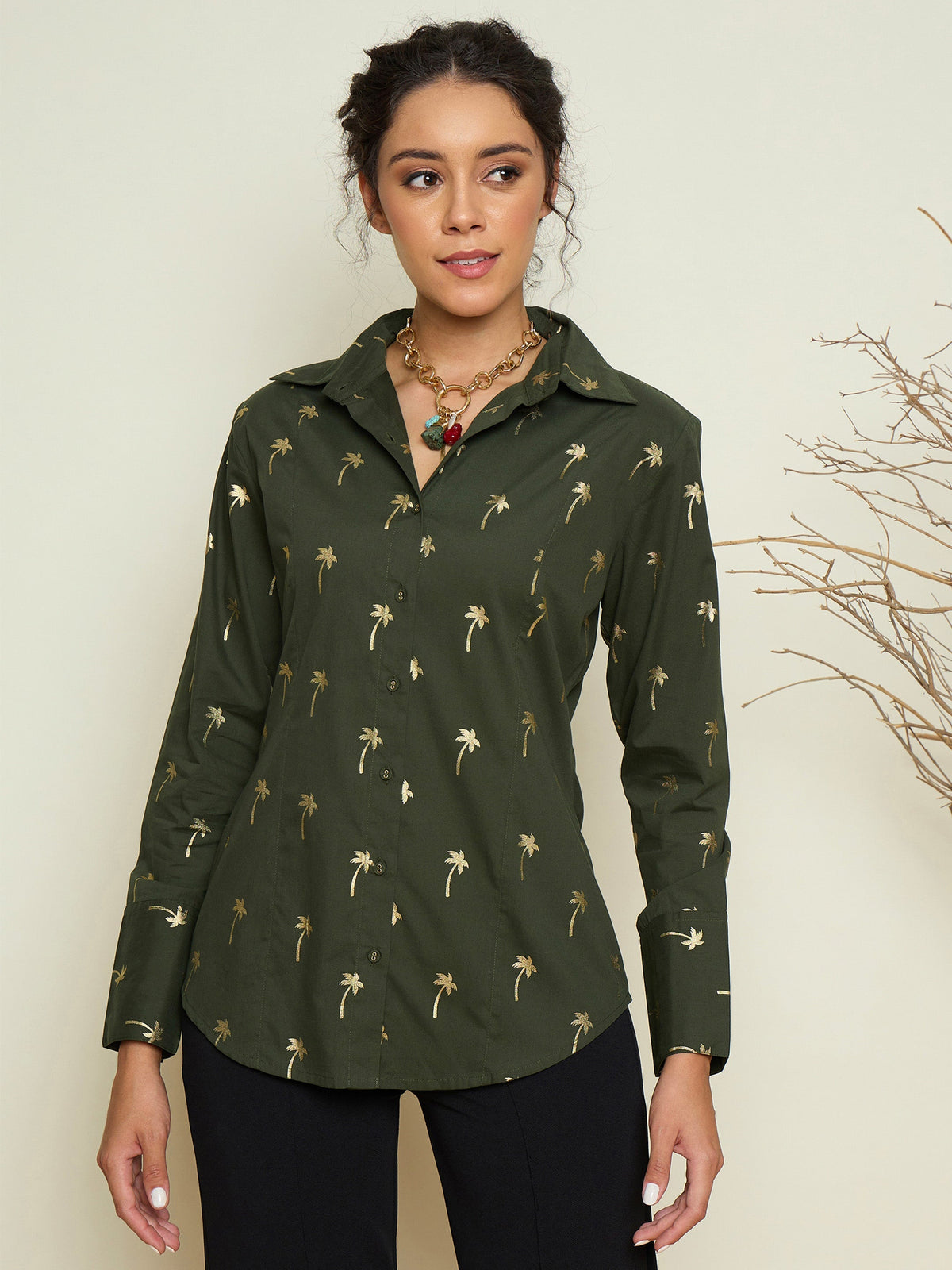 Women Olive Foil Print Shoulder Padded Slim Fit Poplin Shirt-SFSHRT20733