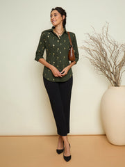 Women Olive Foil Print Shoulder Padded Slim Fit Poplin Shirt-SFSHRT20733