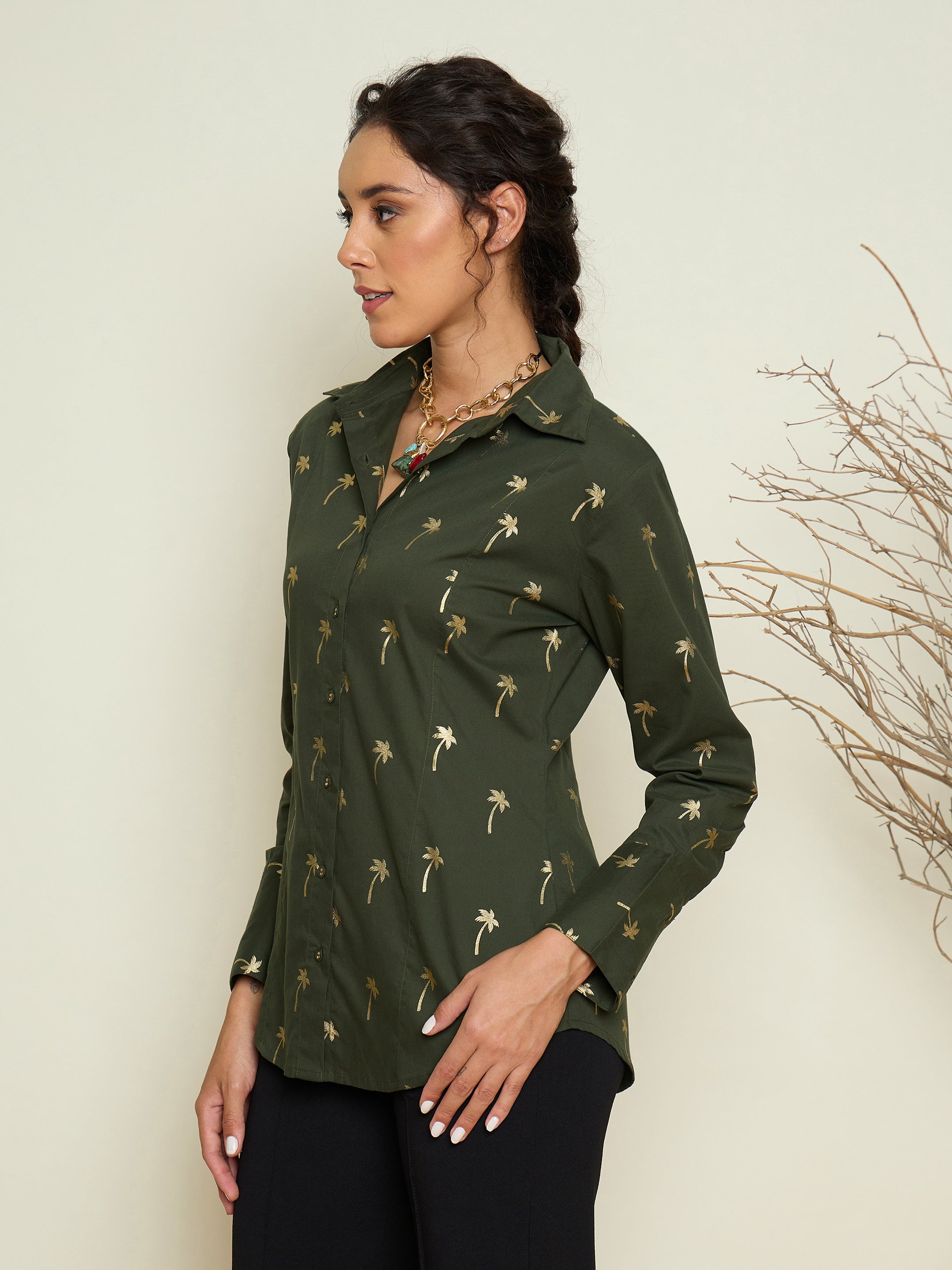 Women Olive Foil Print Shoulder Padded Slim Fit Poplin Shirt-SFSHRT20733