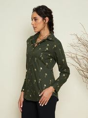Women Olive Foil Print Shoulder Padded Slim Fit Poplin Shirt-SFSHRT20733