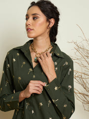 Women Olive Foil Print Shoulder Padded Slim Fit Poplin Shirt-SFSHRT20733
