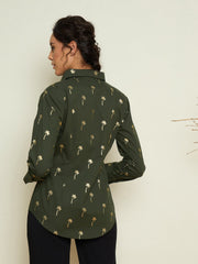 Women Olive Foil Print Shoulder Padded Slim Fit Poplin Shirt-SFSHRT20733