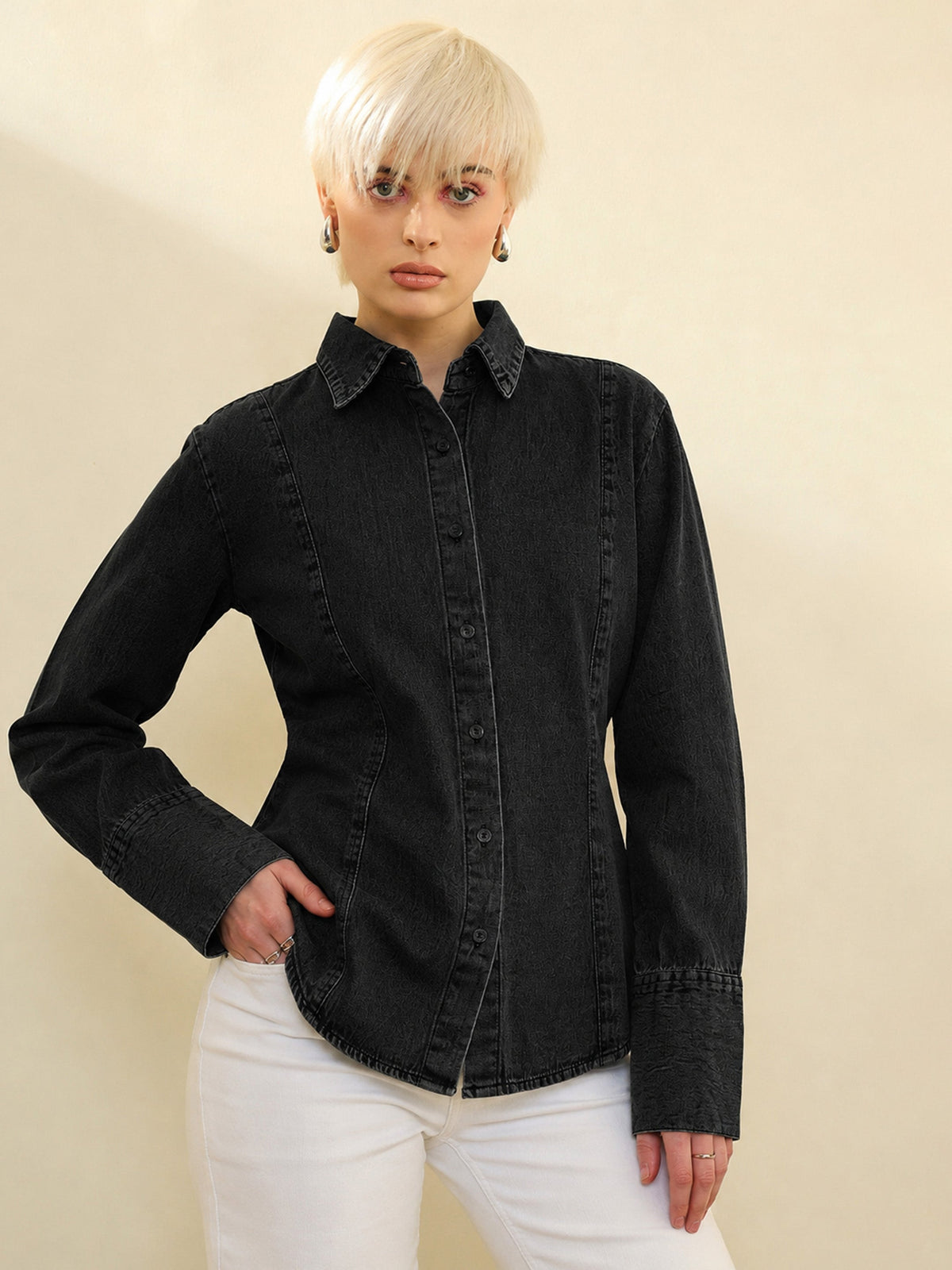 Women Black Denim Slim Fit Shirt
