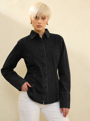 Women Black Denim Slim Fit Shirt