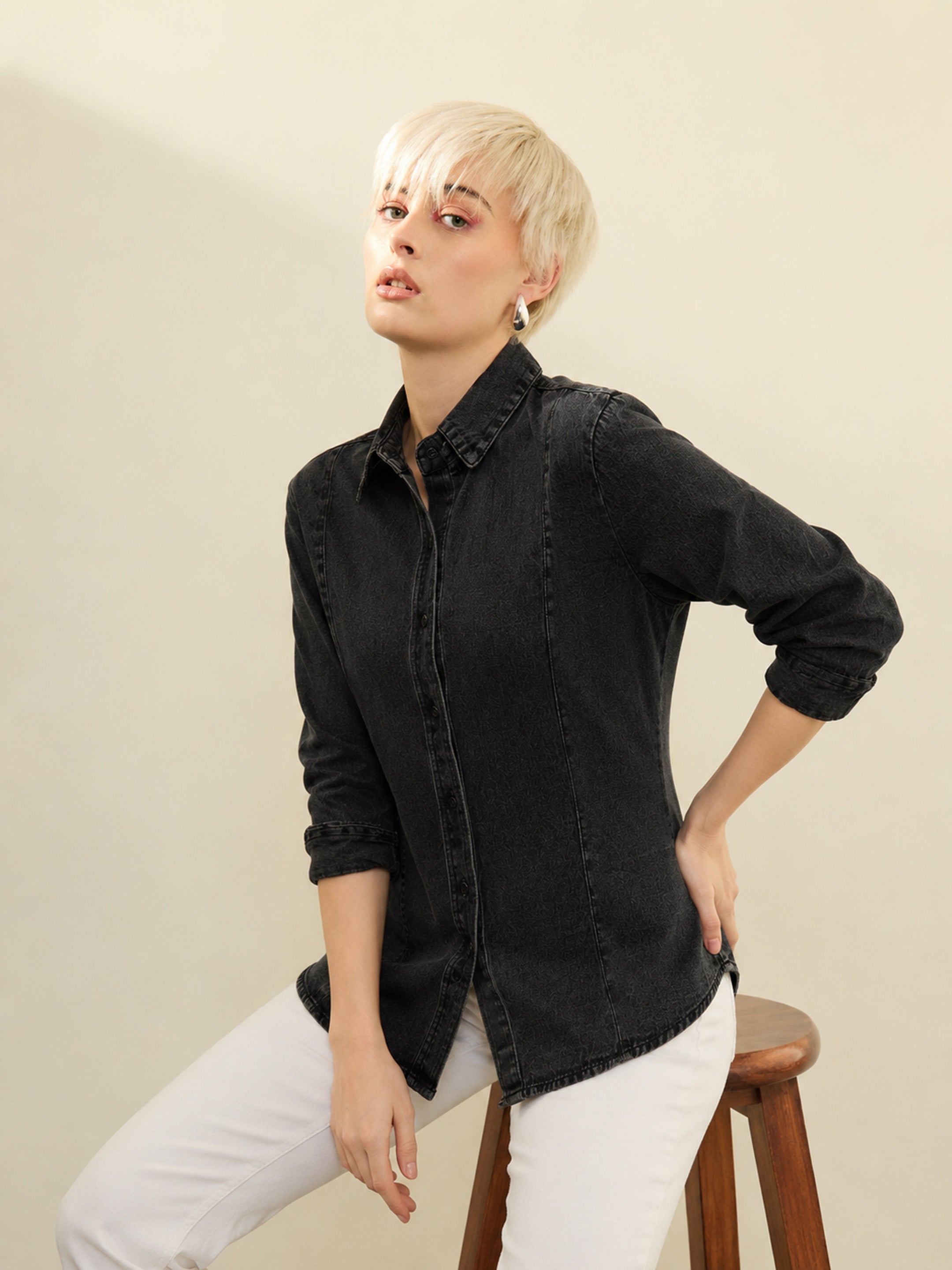 DesiQlo Black Denim Slim Fit Shirt - Black